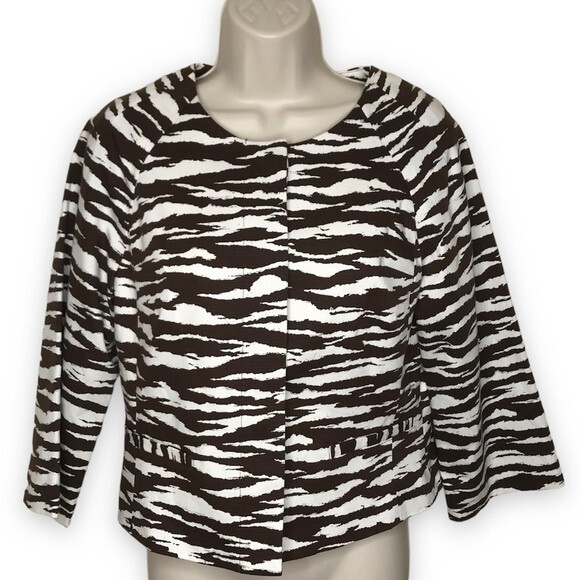 NWT Anne Klein Cropped 3/4 Sleeve Zebra Print Brown Cream Faux Pockets Size 2 - Picture 1 of 16